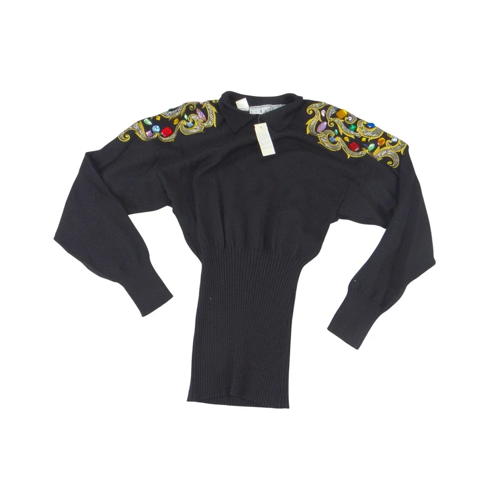 Ann Tjian for Kenar Vintage Black Lambswool Beaded Rhinestone Sweater Medium